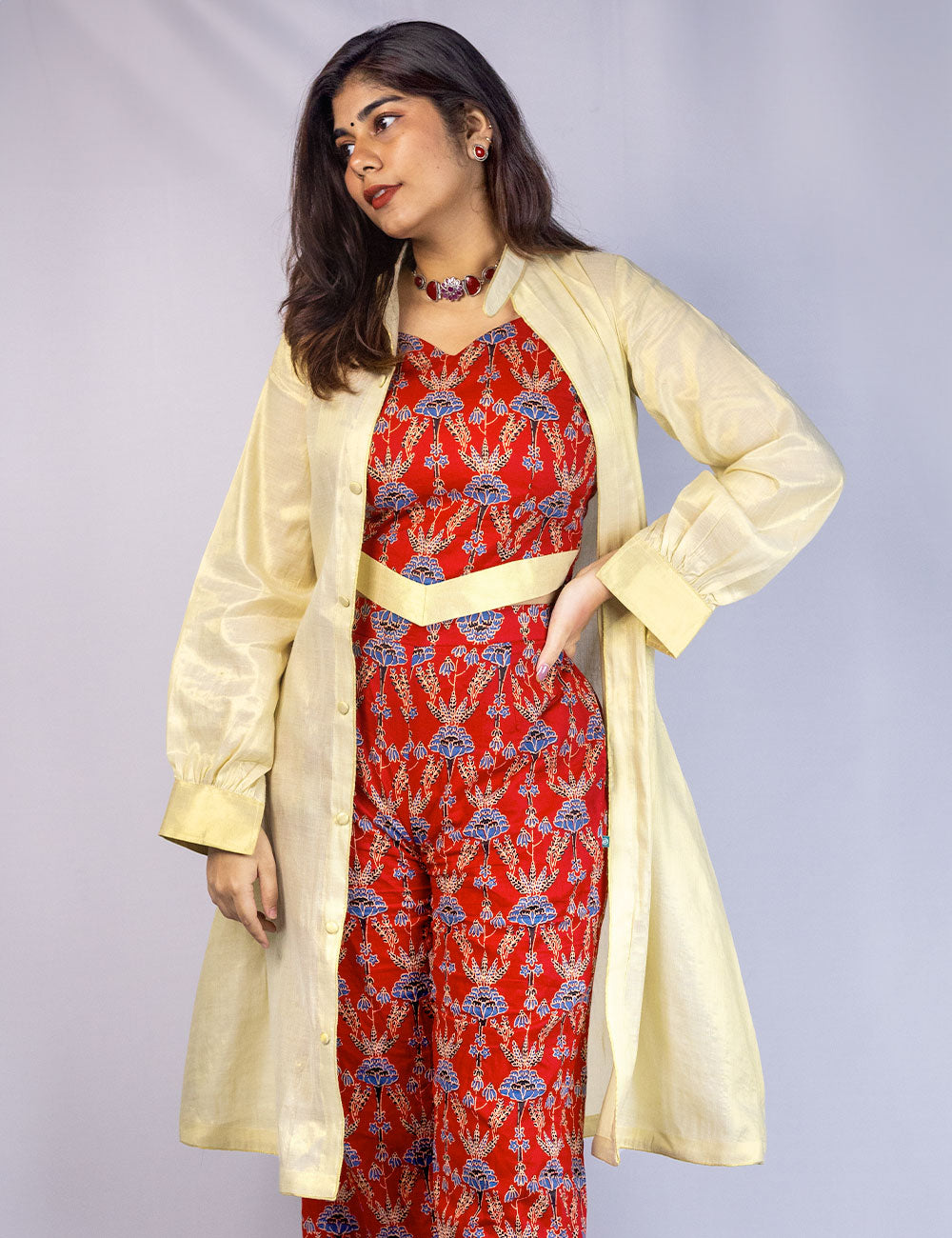 Scarlet – Cotton Ajrakh printed Tri-Set with a golden Kerala kasavu border Co-Ords