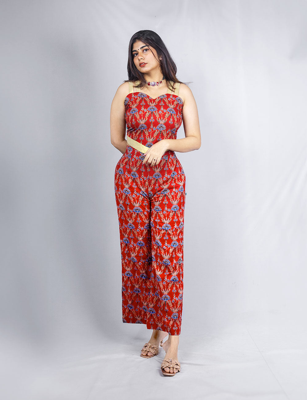 Scarlet – Cotton Ajrakh printed Co-Ords with a golden Kerala kasavu border