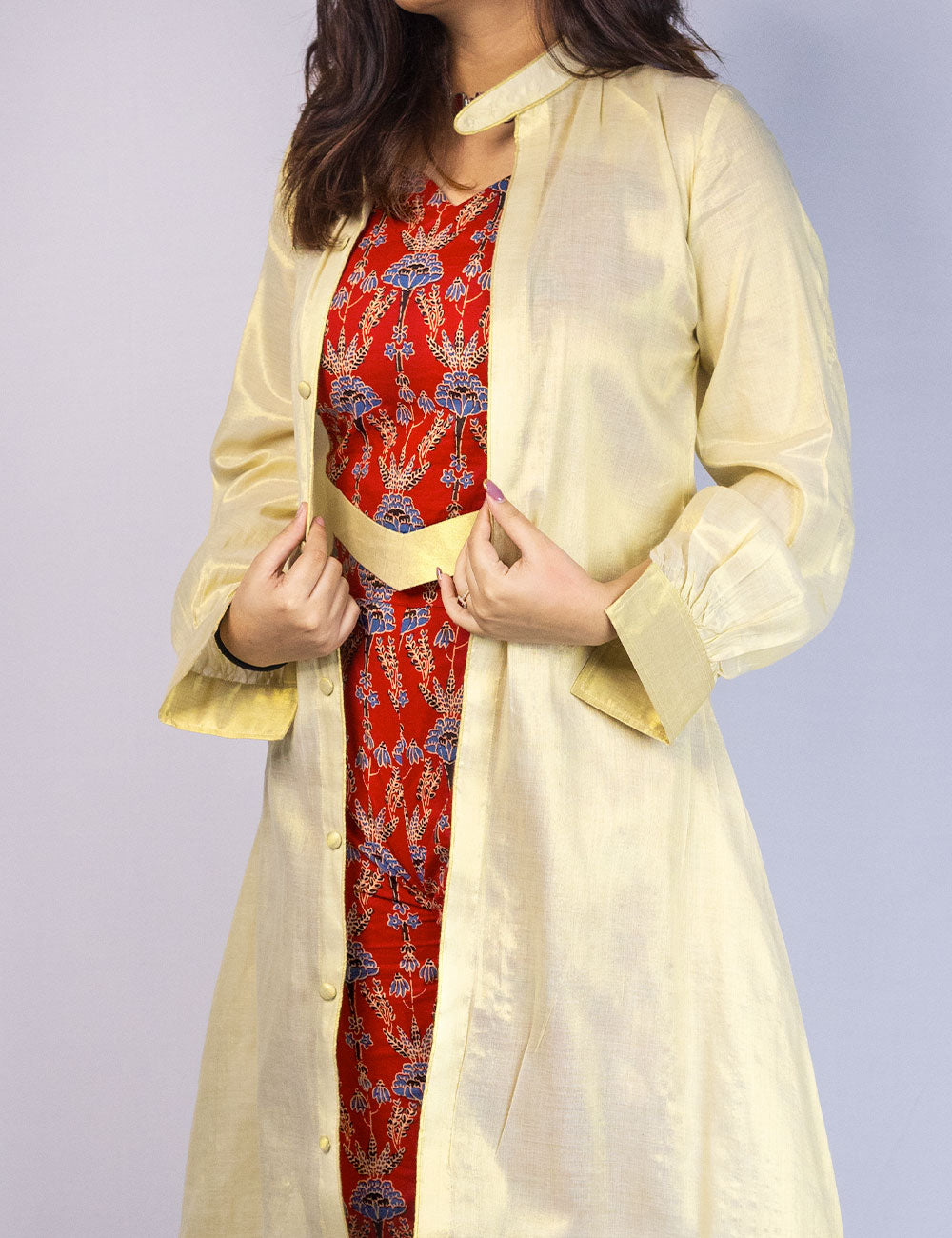 Scarlet – Cotton Ajrakh printed Tri-Set with a golden Kerala kasavu border Co-Ords