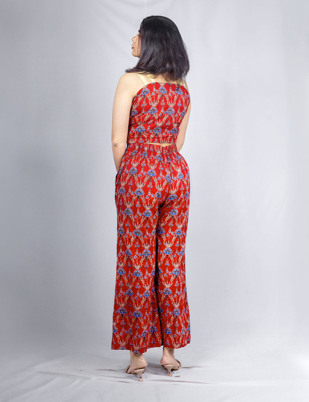 Scarlet – Cotton Ajrakh printed Co-Ords with a golden Kerala kasavu border