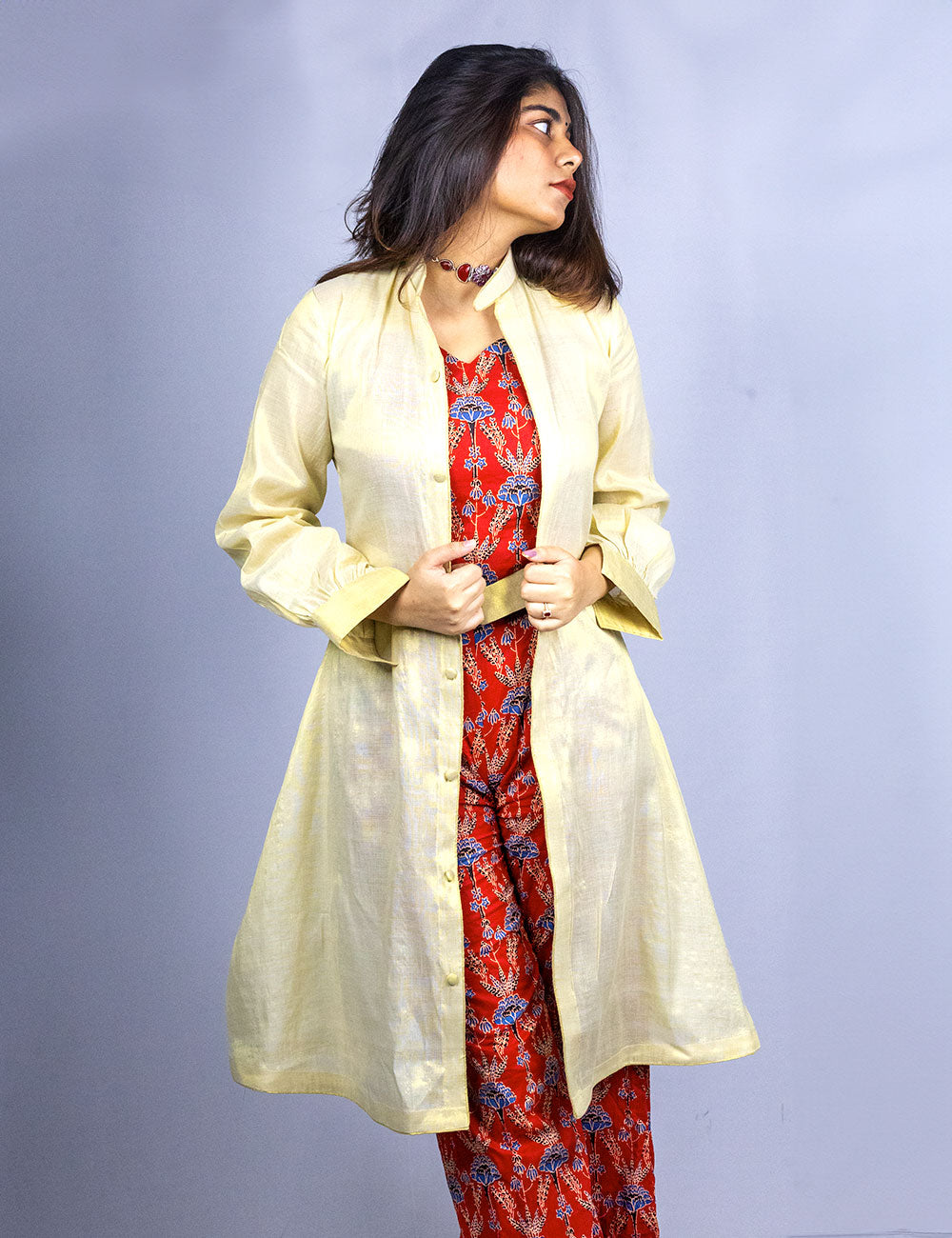 Scarlet – Cotton Ajrakh printed Tri-Set with a golden Kerala kasavu border Co-Ords
