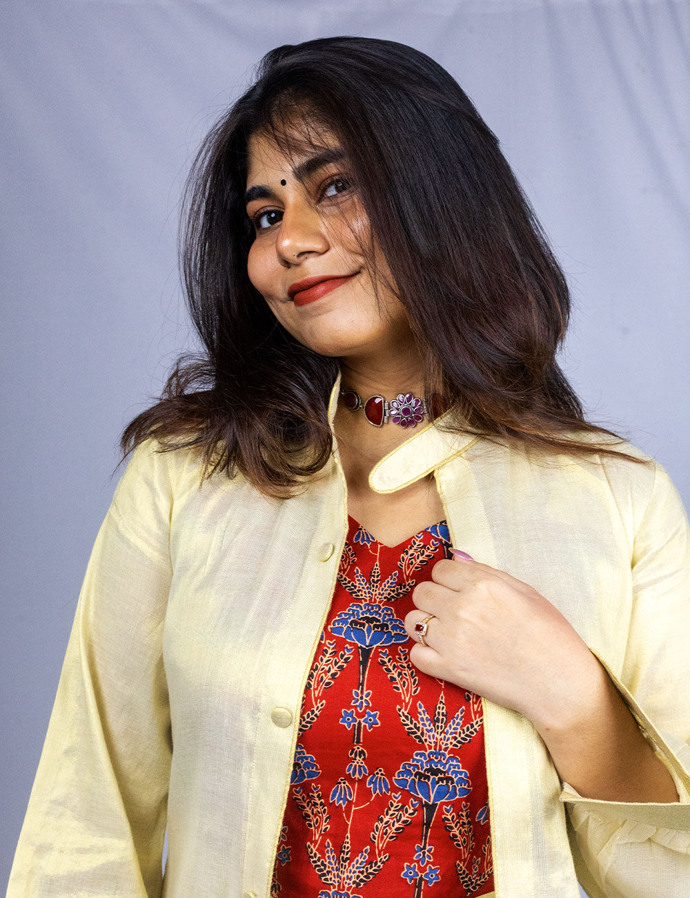 Scarlet – Cotton Ajrakh printed Tri-Set with a golden Kerala kasavu border Co-Ords