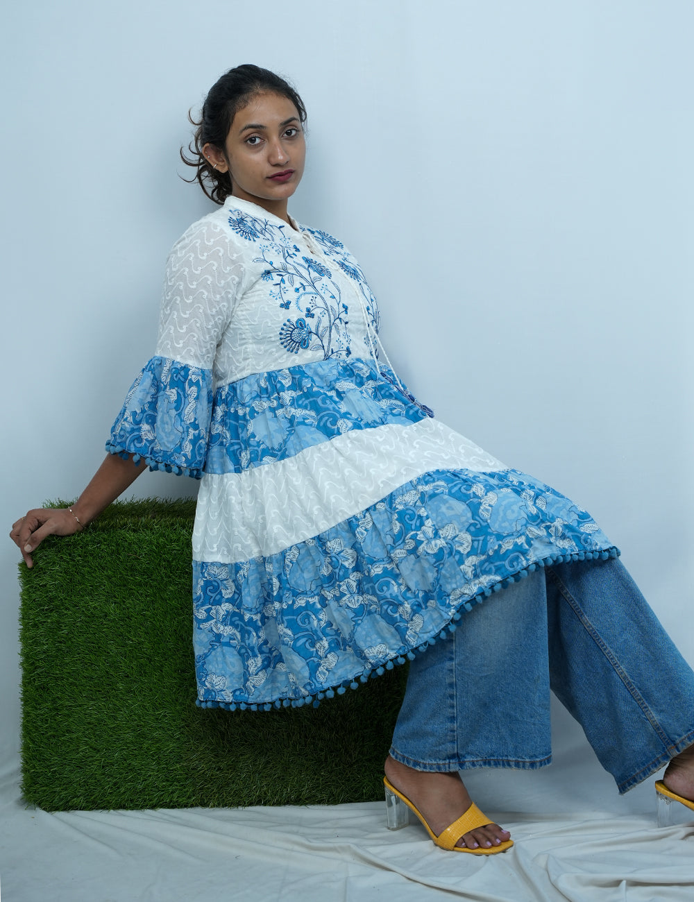 The Coastal, Blues-Tiered Cotton Embroidered Tunics