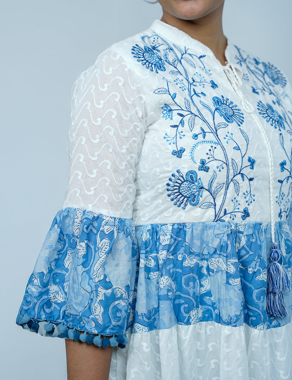 The Coastal, Blues-Tiered Cotton Embroidered Tunics