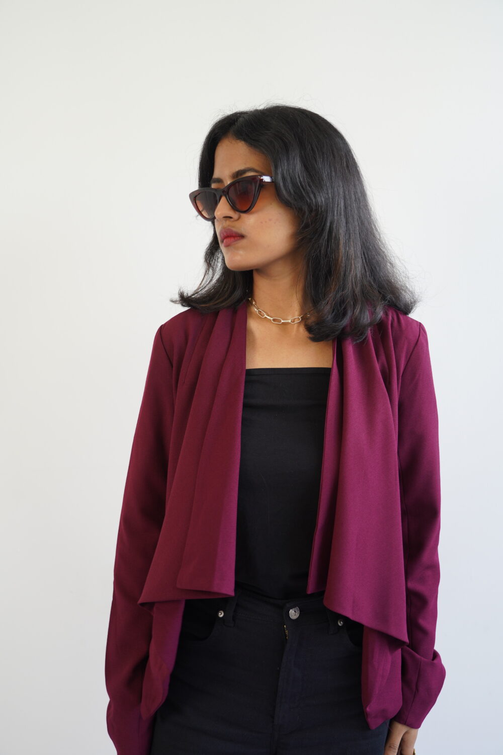Red Wine – Long Sleeve Open Front Blazer Jacket