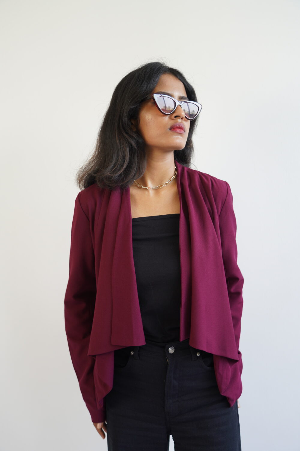 Red Wine – Long Sleeve Open Front Blazer Jacket