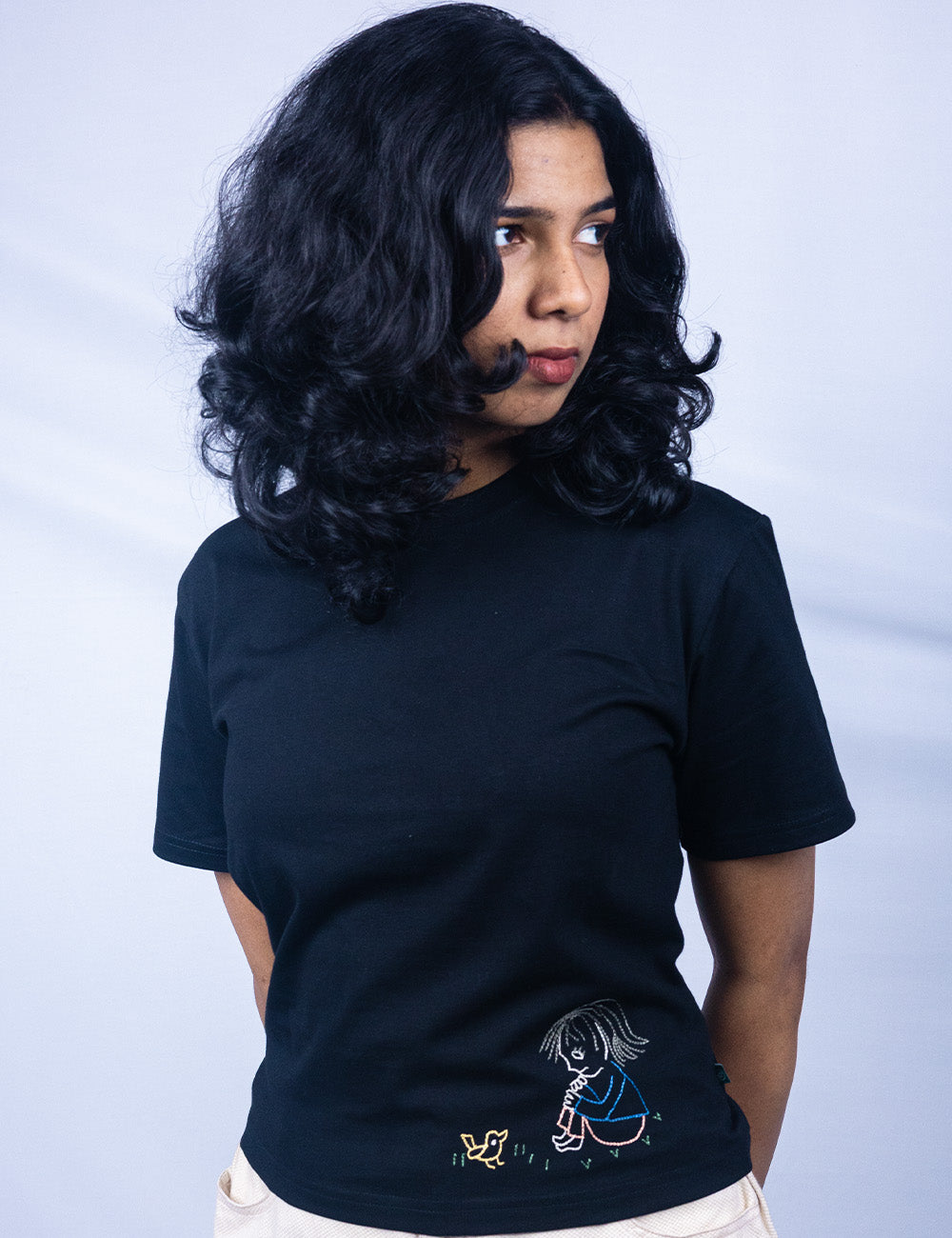 Little to Right "Dear Chick"- Black Hand Embroidered Tee
