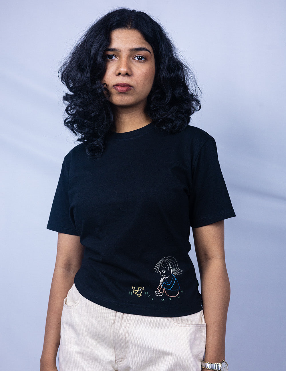 Little to Right "Dear Chick"- Black Hand Embroidered Tee