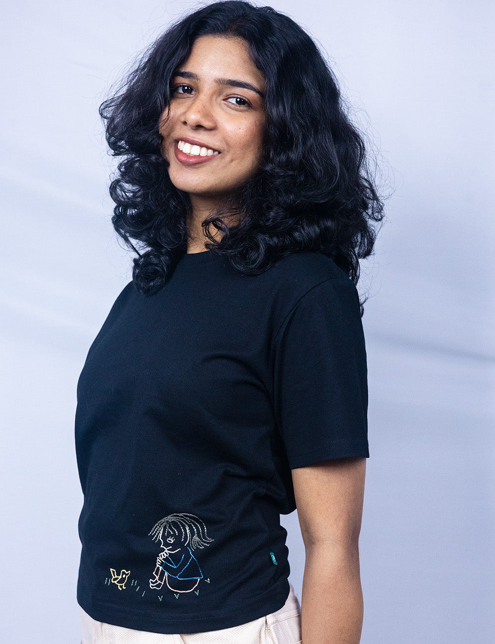 Little to Right "Dear Chick"- Black Hand Embroidered Tee
