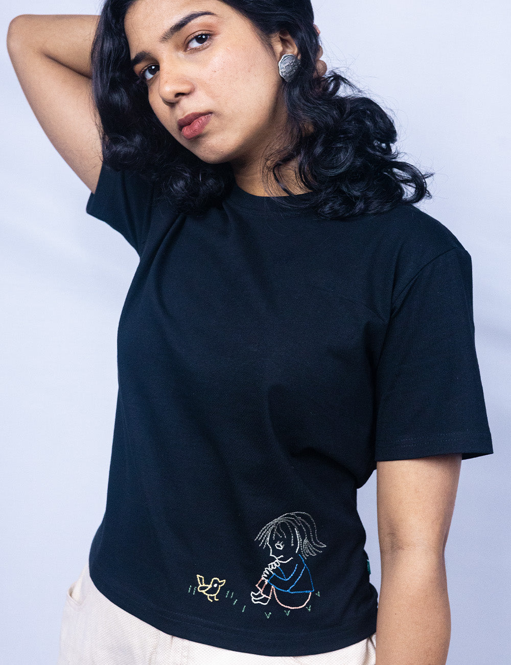 Little to Right "Dear Chick"- Black Hand Embroidered Tee