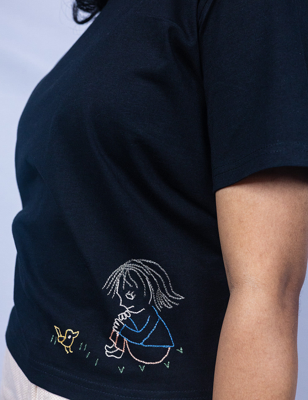 Little to Right "Dear Chick"- Black Hand Embroidered Tee