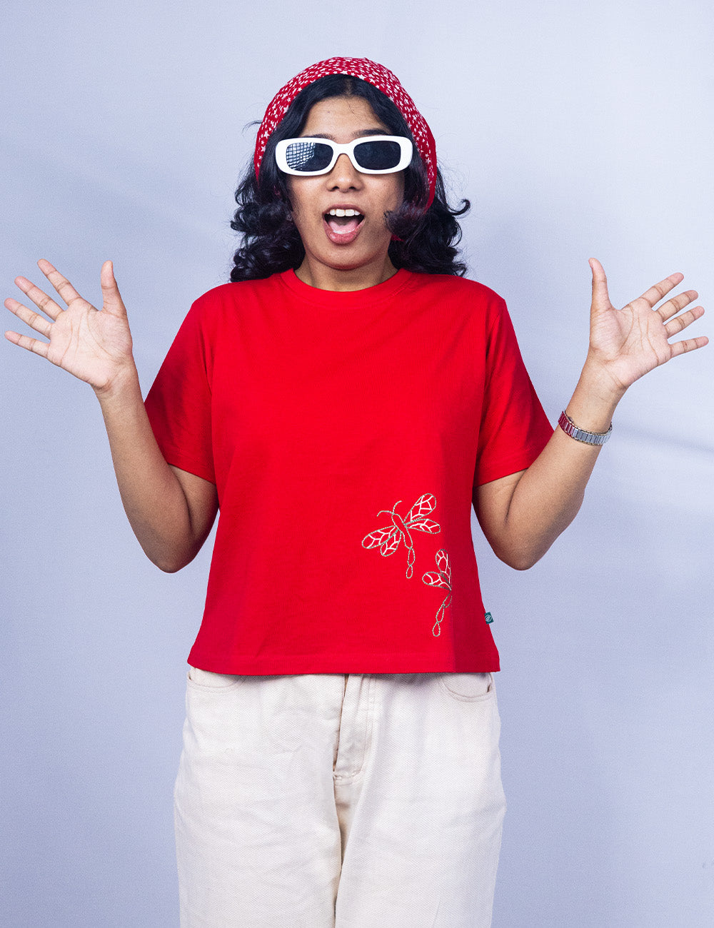 Little to Right "Poothumbi"- Red Hand Embroidered Tee