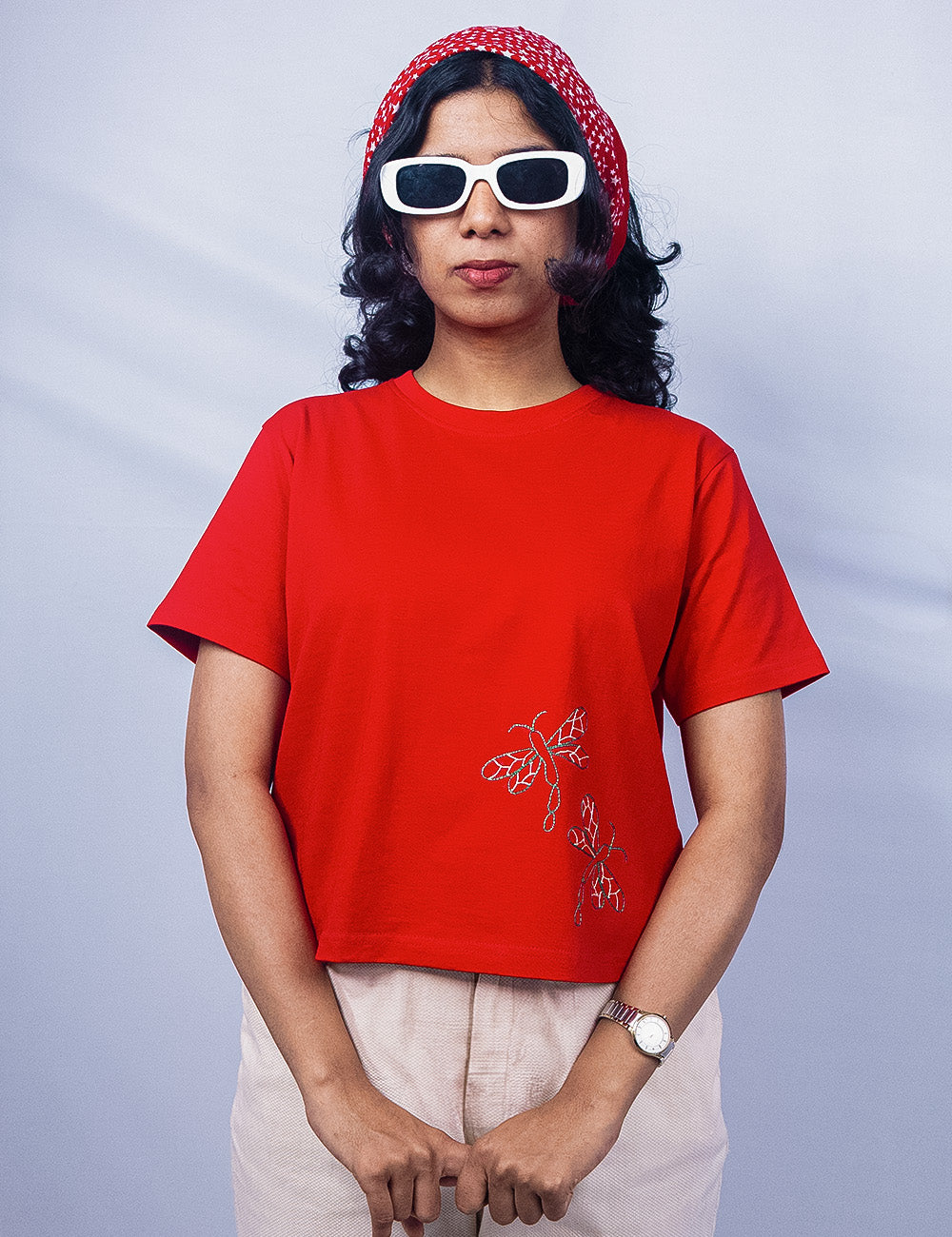 Little to Right "Poothumbi"- Red Hand Embroidered Tee