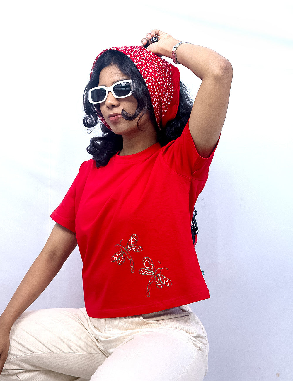 Little to Right "Poothumbi"- Red Hand Embroidered Tee