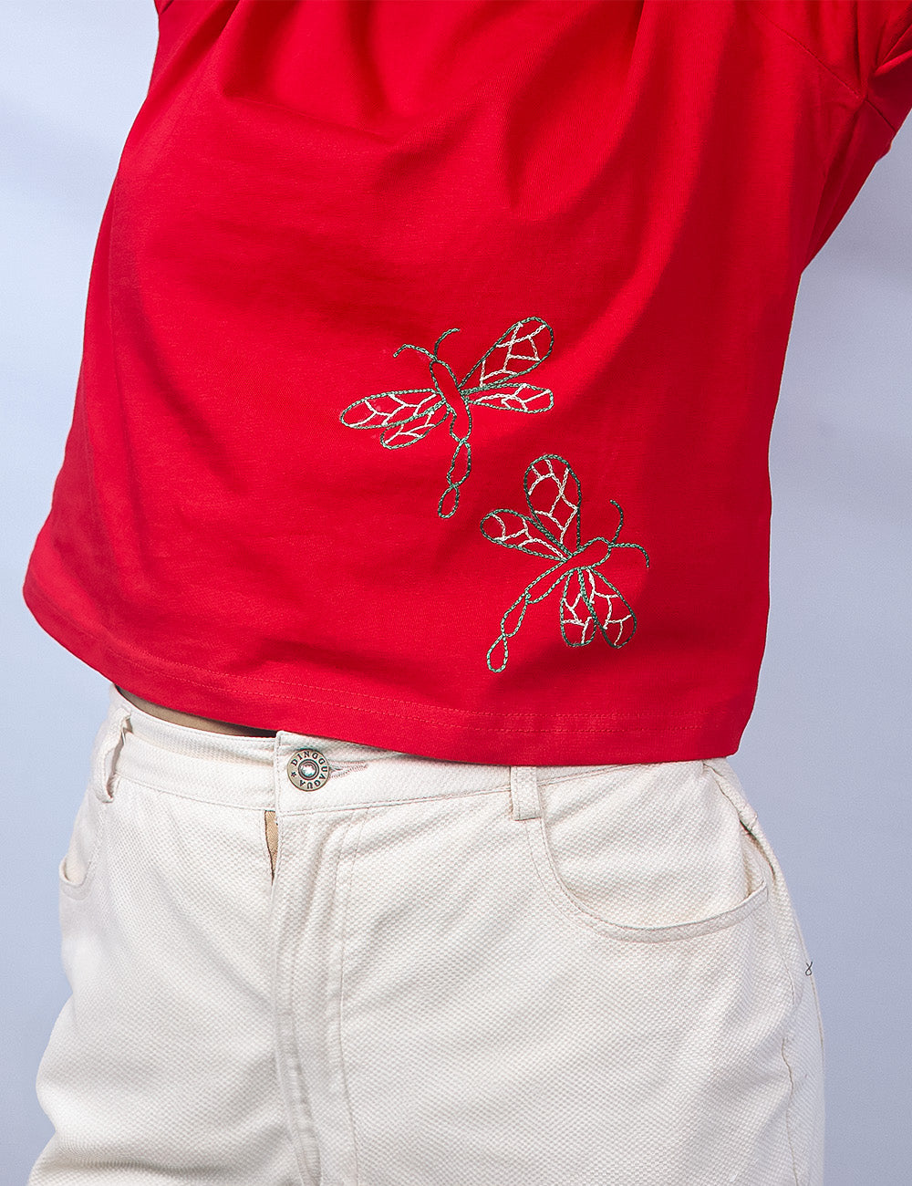 Little to Right "Poothumbi"- Red Hand Embroidered Tee