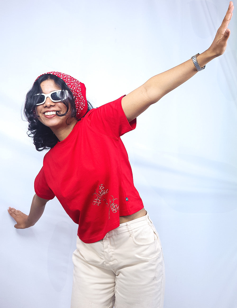 Little to Right "Poothumbi"- Red Hand Embroidered Tee