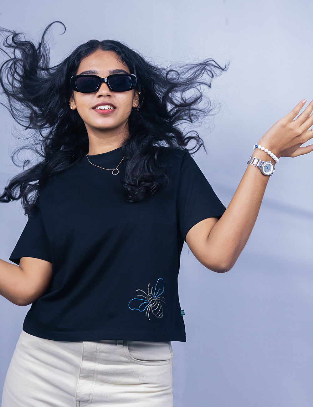 Little to Right "Bee You" - Black Hand Embroidered Tee