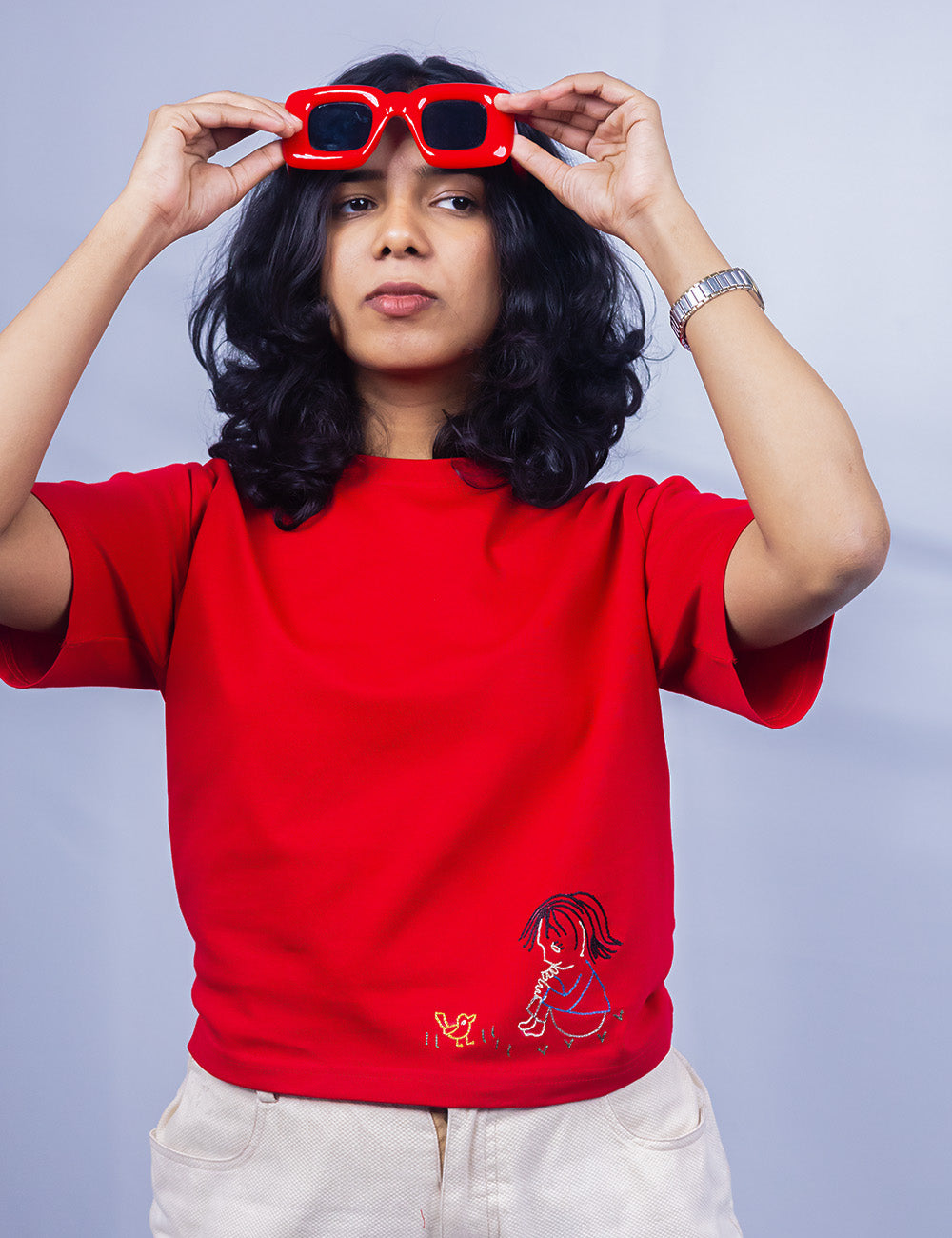 Little to Right "Dear Chick"- Red Hand Embroidered Tee