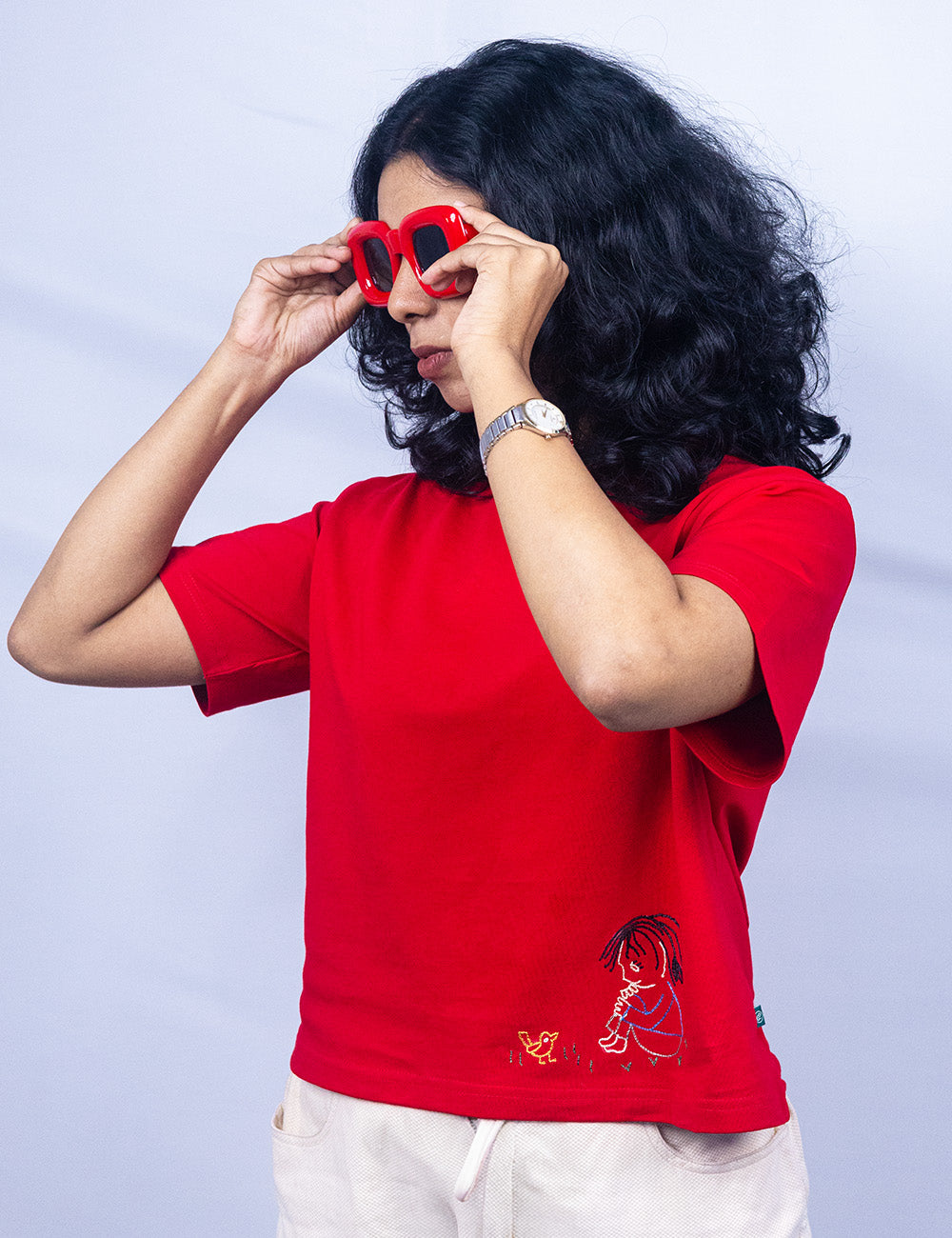 Little to Right "Dear Chick"- Red Hand Embroidered Tee