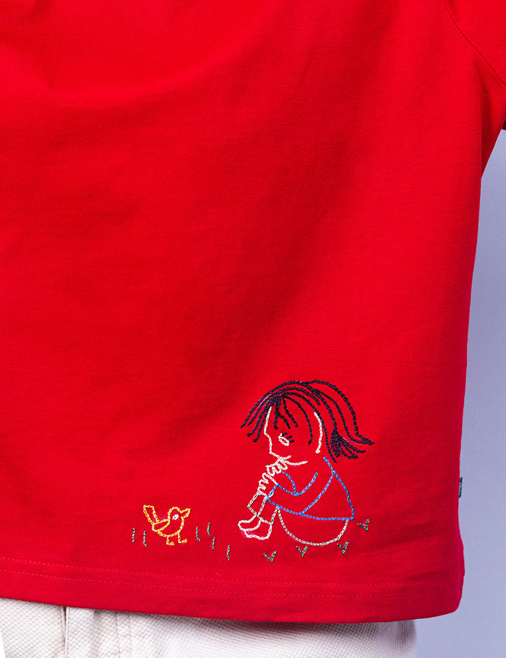 Little to Right "Dear Chick"- Red Hand Embroidered Tee