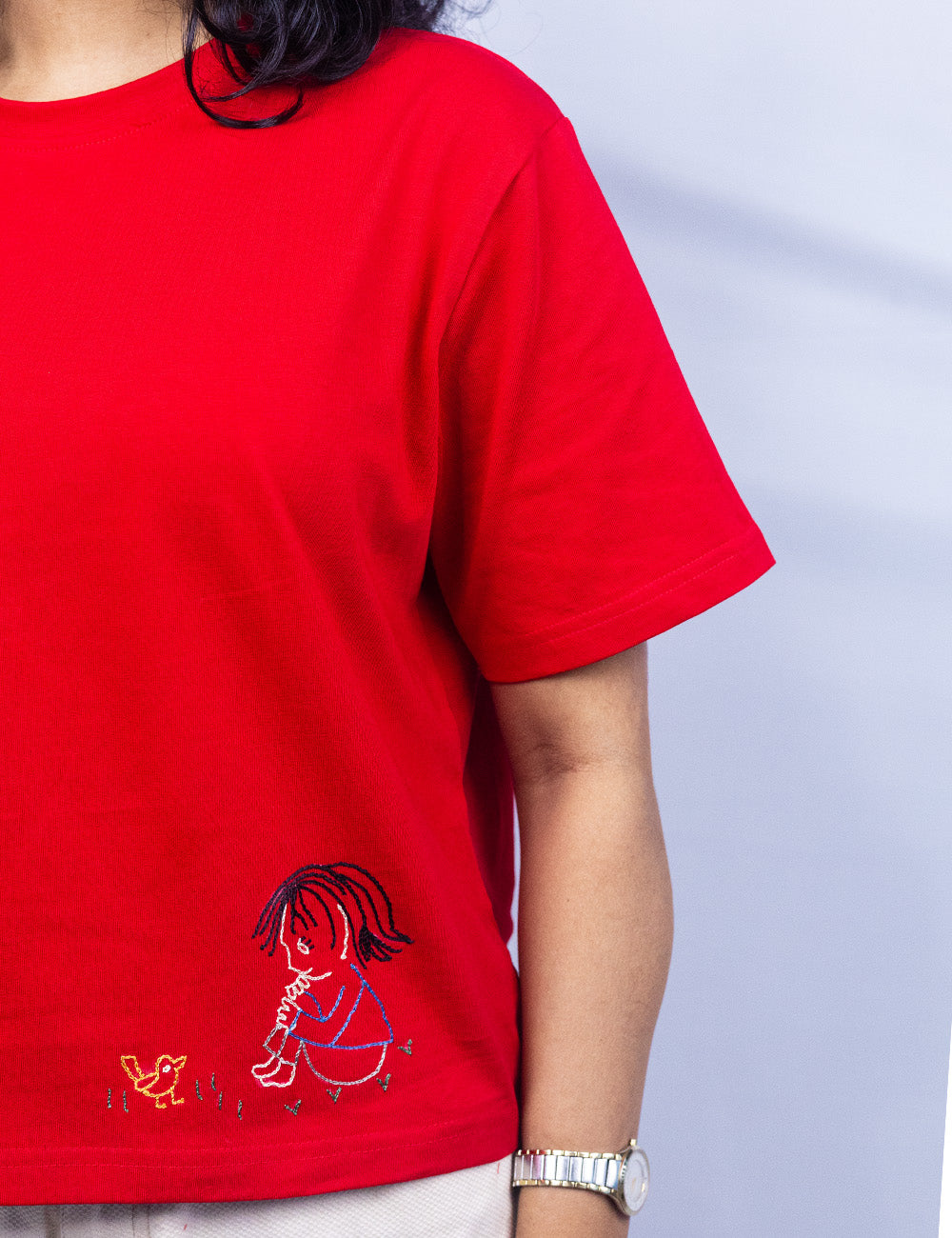 Little to Right "Dear Chick"- Red Hand Embroidered Tee