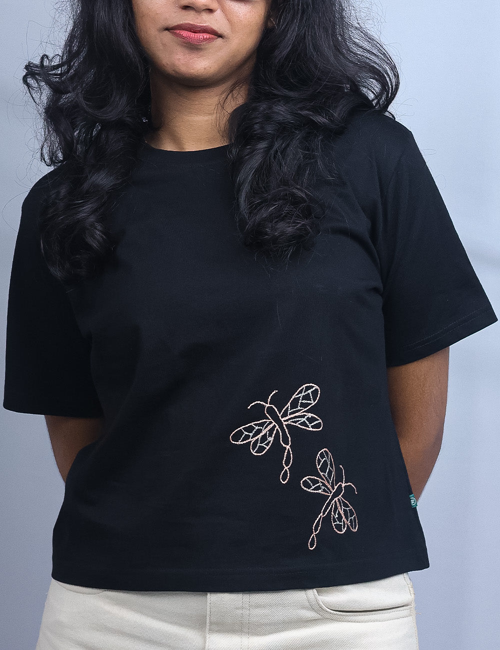 Little to Right "Poothumbi" - Black Hand Embroidered Tee