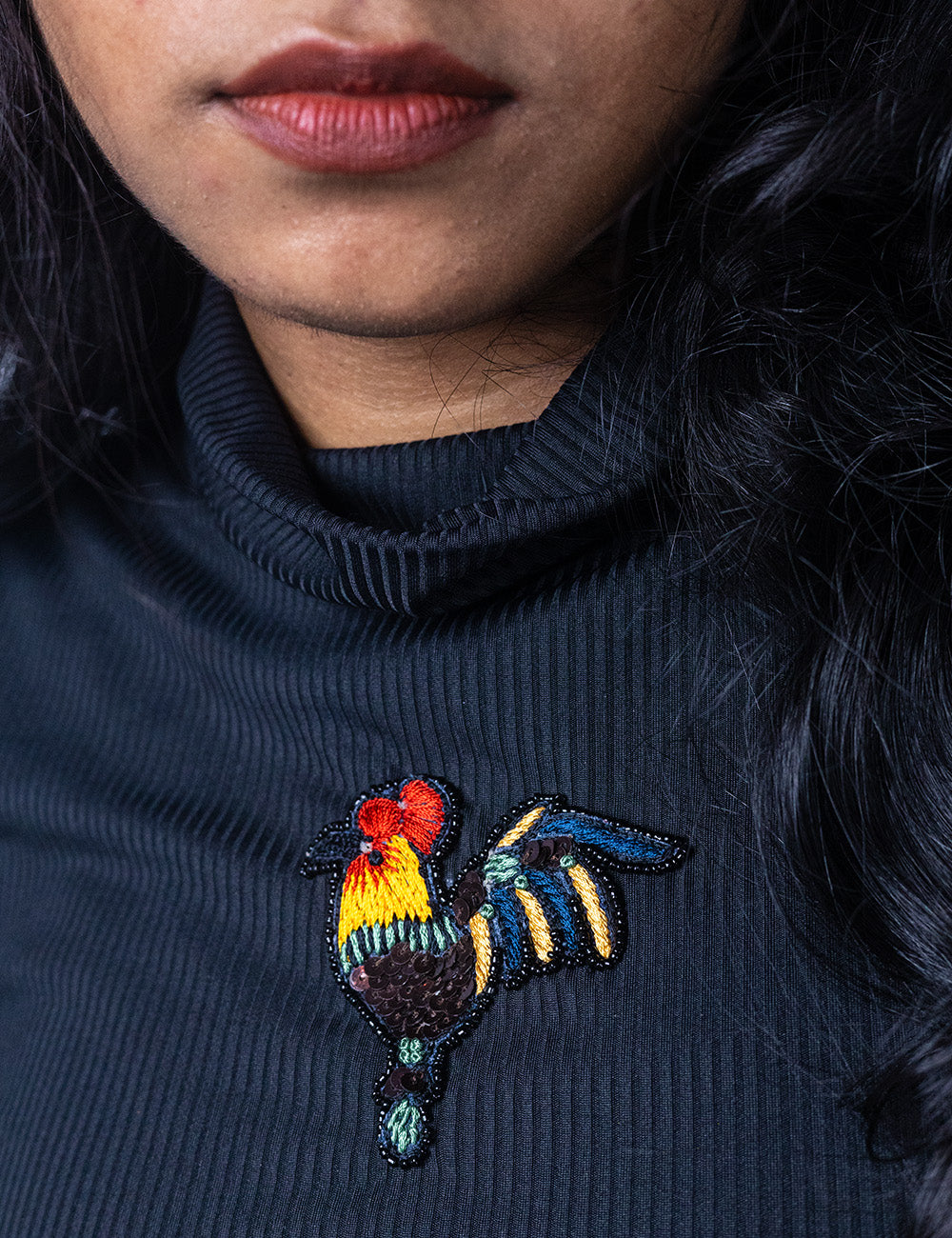 Ravishing Rooster - Handworked Black Turtle Neck Tee