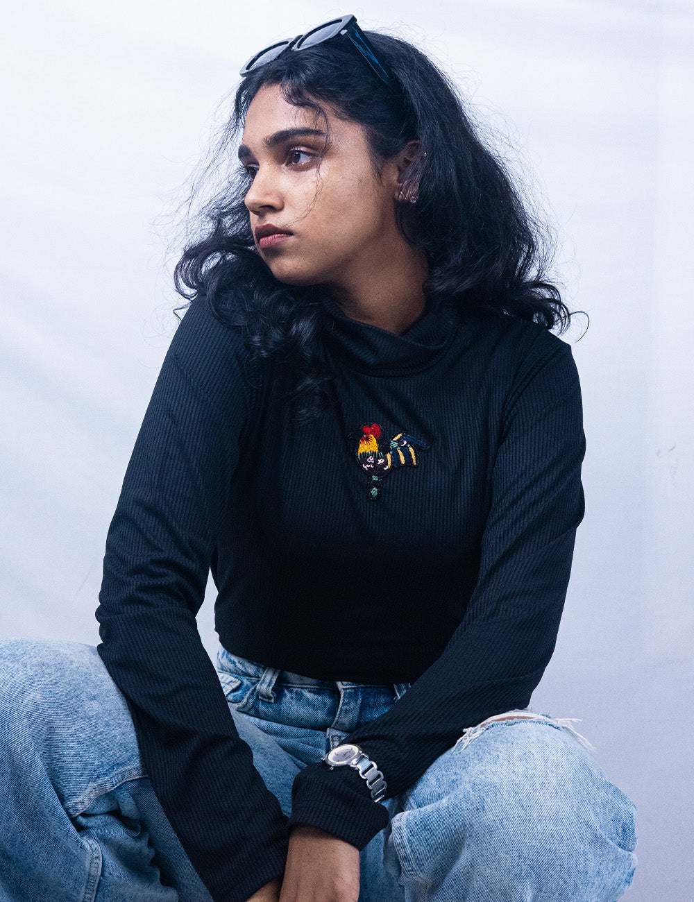 Ravishing Rooster - Handworked Black Turtle Neck Tee