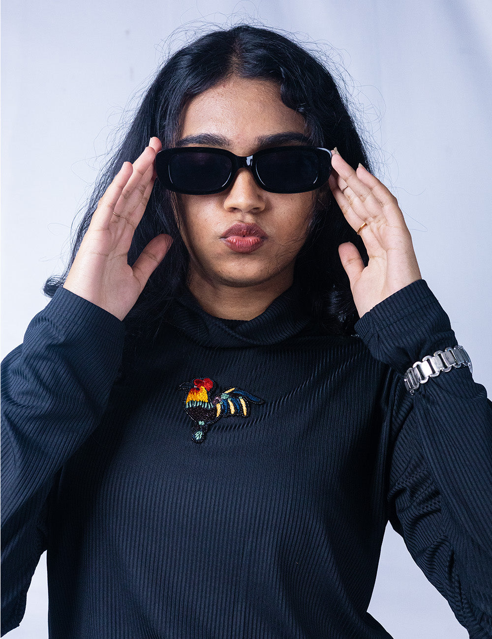 Ravishing Rooster - Handworked Black Turtle Neck Tee