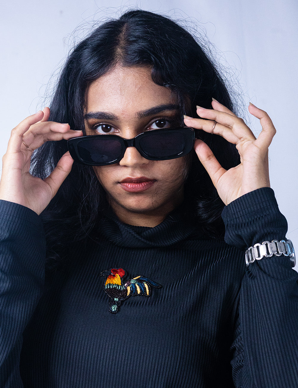 Ravishing Rooster - Handworked Black Turtle Neck Tee