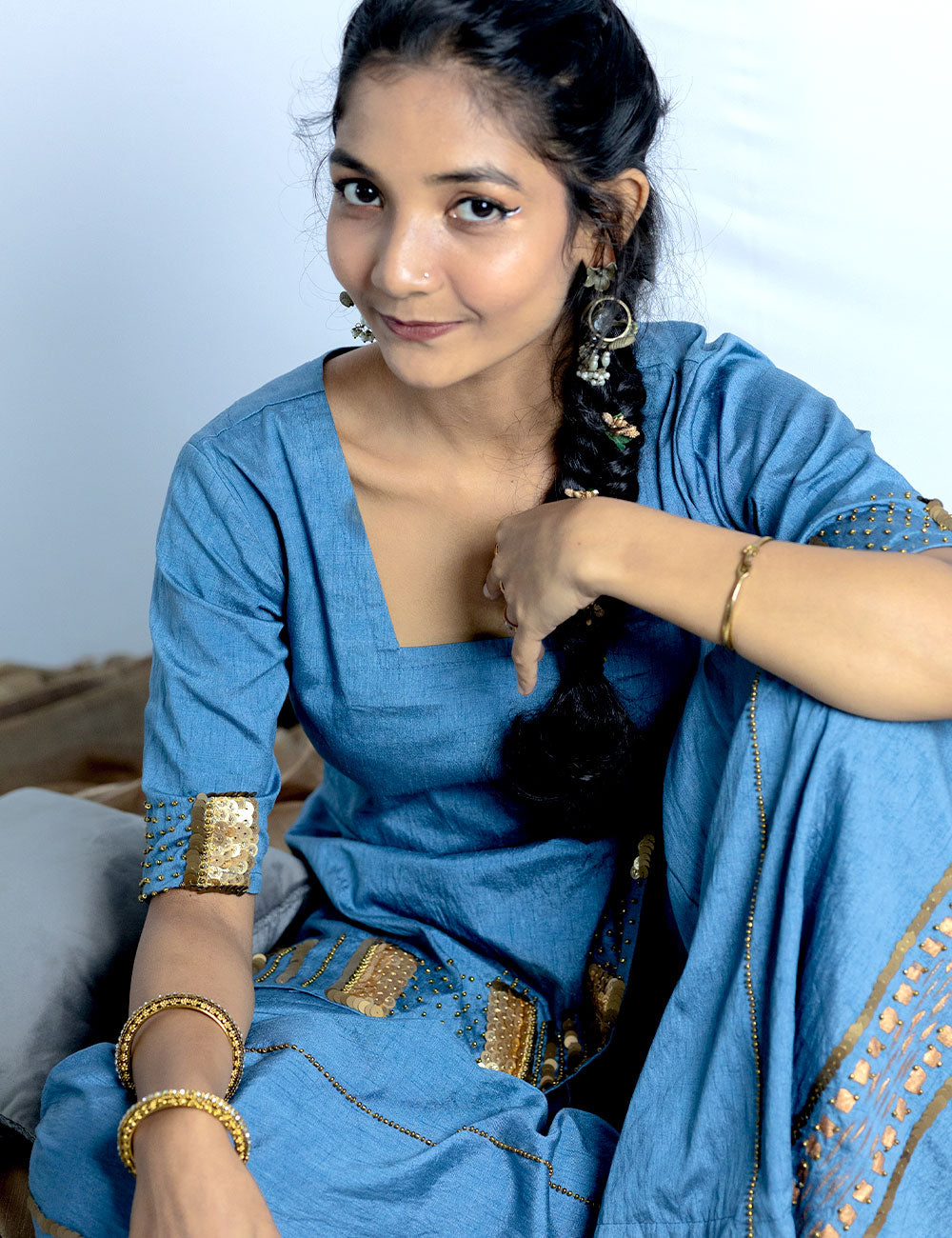 Patola – Metallic Carolina Blue Silk Churidar Set