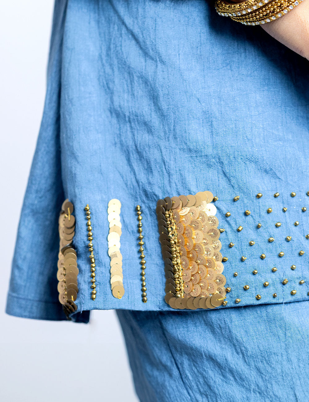 Patola – Metallic Carolina Blue Silk Churidar Set