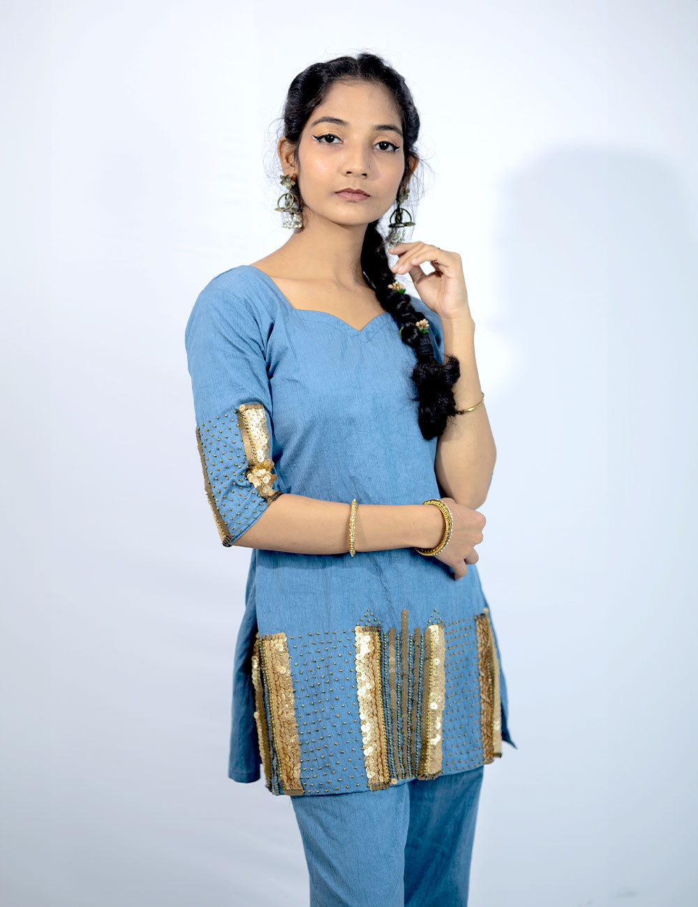 Patola – Metallic Carolina Blue Silk Churidar Set