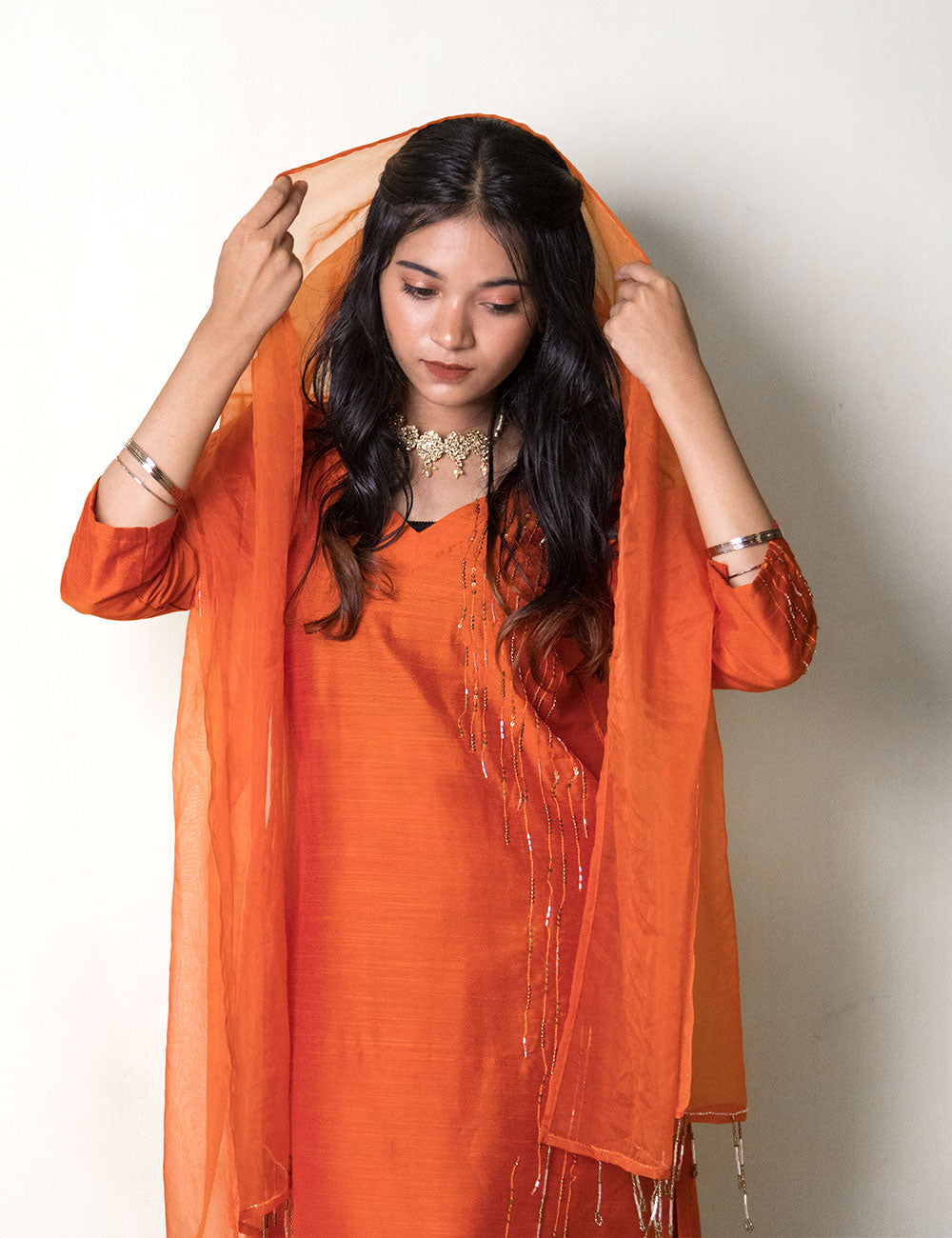 Noor – Smashed Pumpkin-Dupion Silk Churidar Set