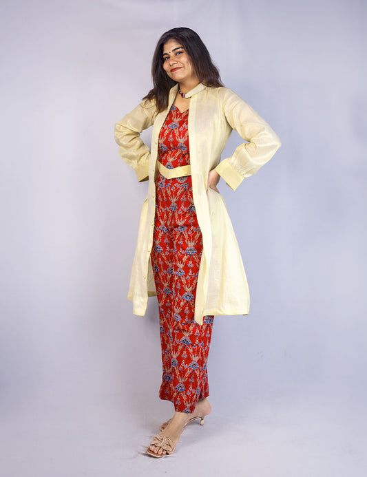 Scarlet – Cotton Ajrakh printed Tri-Set with a golden Kerala kasavu border Co-Ords