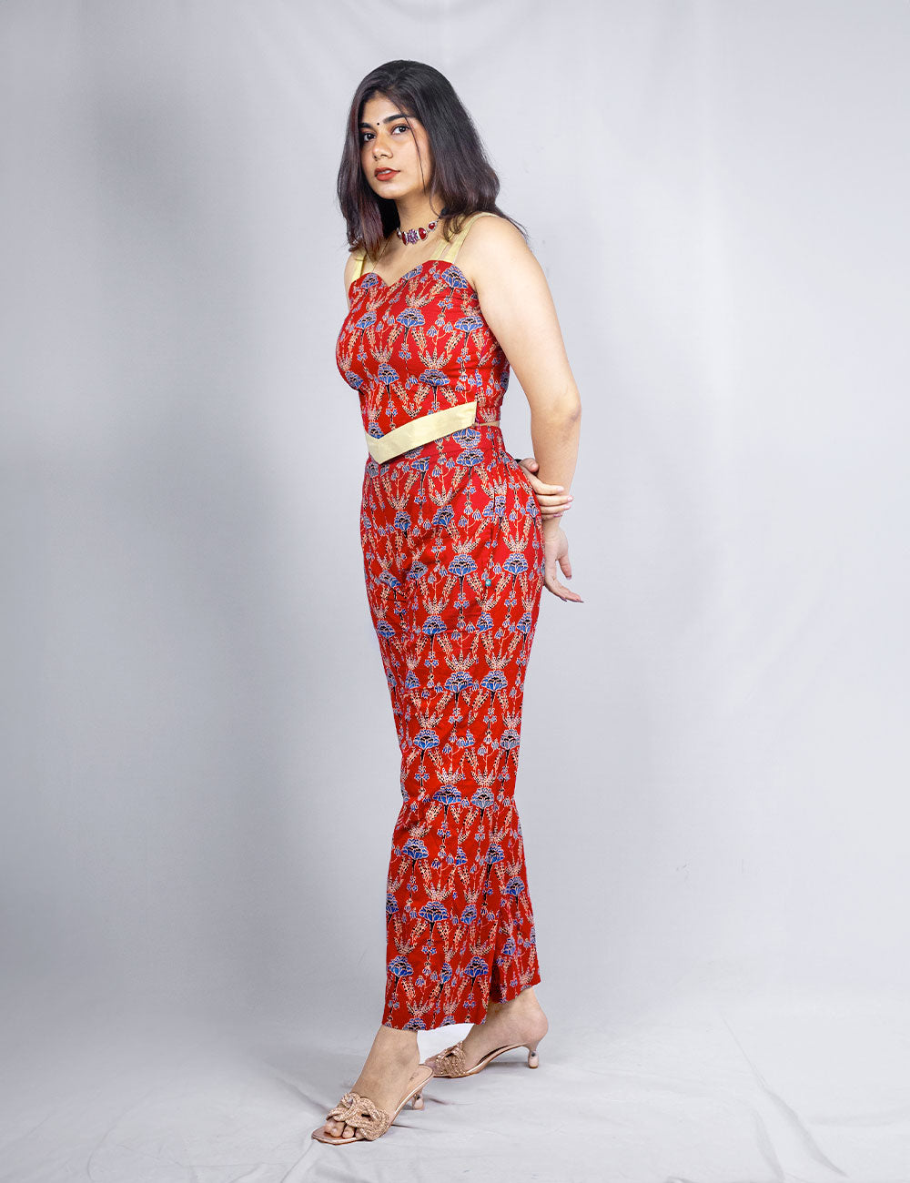 Scarlet – Cotton Ajrakh printed top with a golden Kerala kasavu border