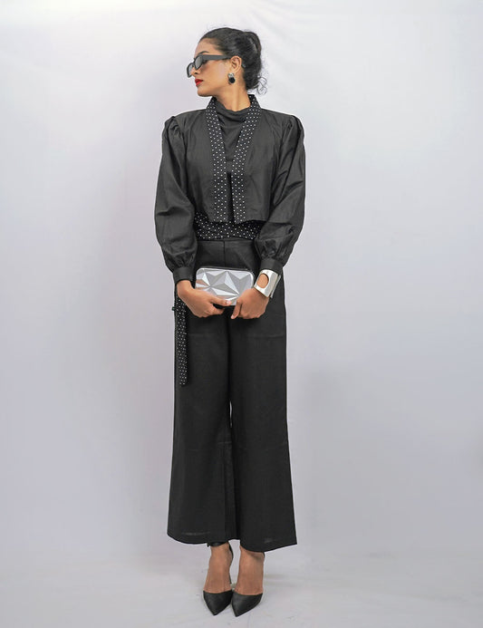 The Elite Class – Sophisticated Power Trio of Black Top, Pants & High-neck Fitted Tee – Cord set (Set of 2)