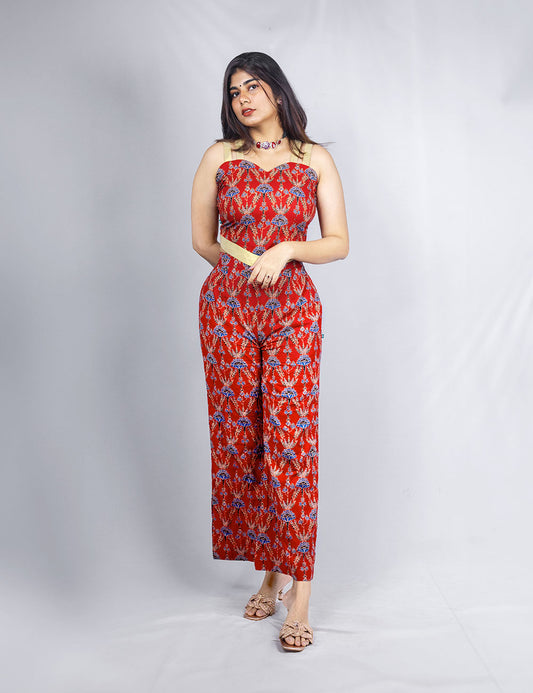 Scarlet – Cotton Ajrakh printed Co-Ords with a golden Kerala kasavu border