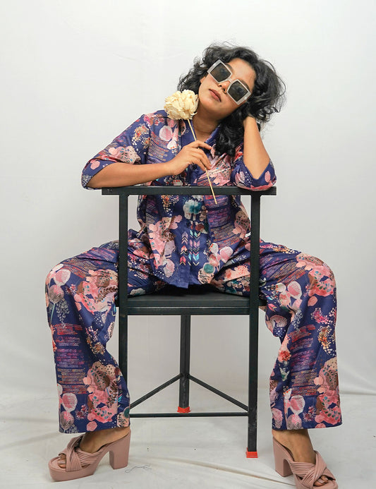 The Belly-Bust Beat – Oxford Blue with Mauve Pink Flowery Co-Ords