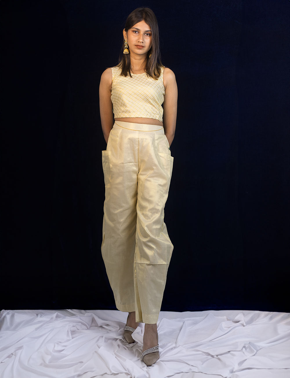 The Kalam – Royal Golden Checkered Crop Top/Blouse [Only Top]