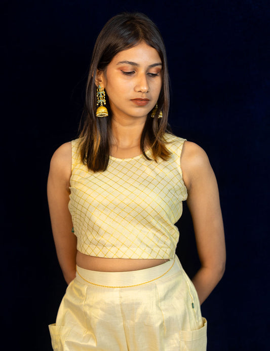 The Kalam – Royal Golden Checkered Crop Top/Blouse [Only Top]