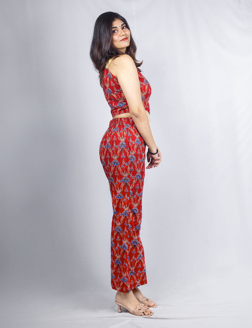 Scarlet – Cotton Ajrakh printed Co-Ords with a golden Kerala kasavu border