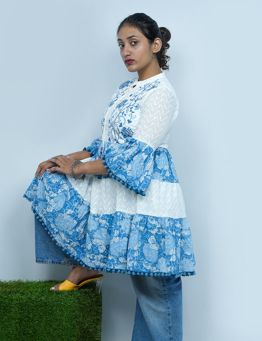 The Coastal, Blues-Tiered Cotton Embroidered Tunics