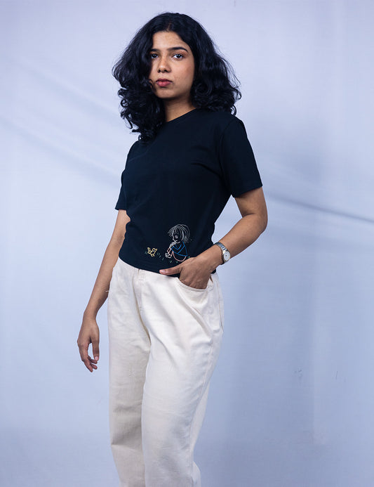 Little to Right "Dear Chick"- Black Hand Embroidered Tee