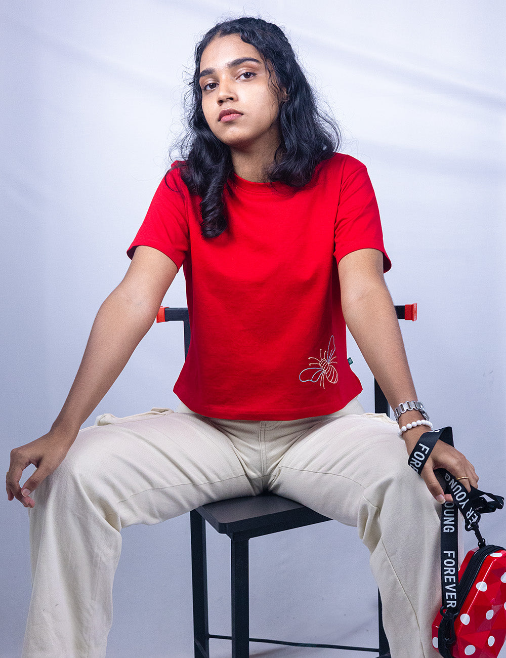 Little to Right "Bee You"- Red Hand Embroidered Tee