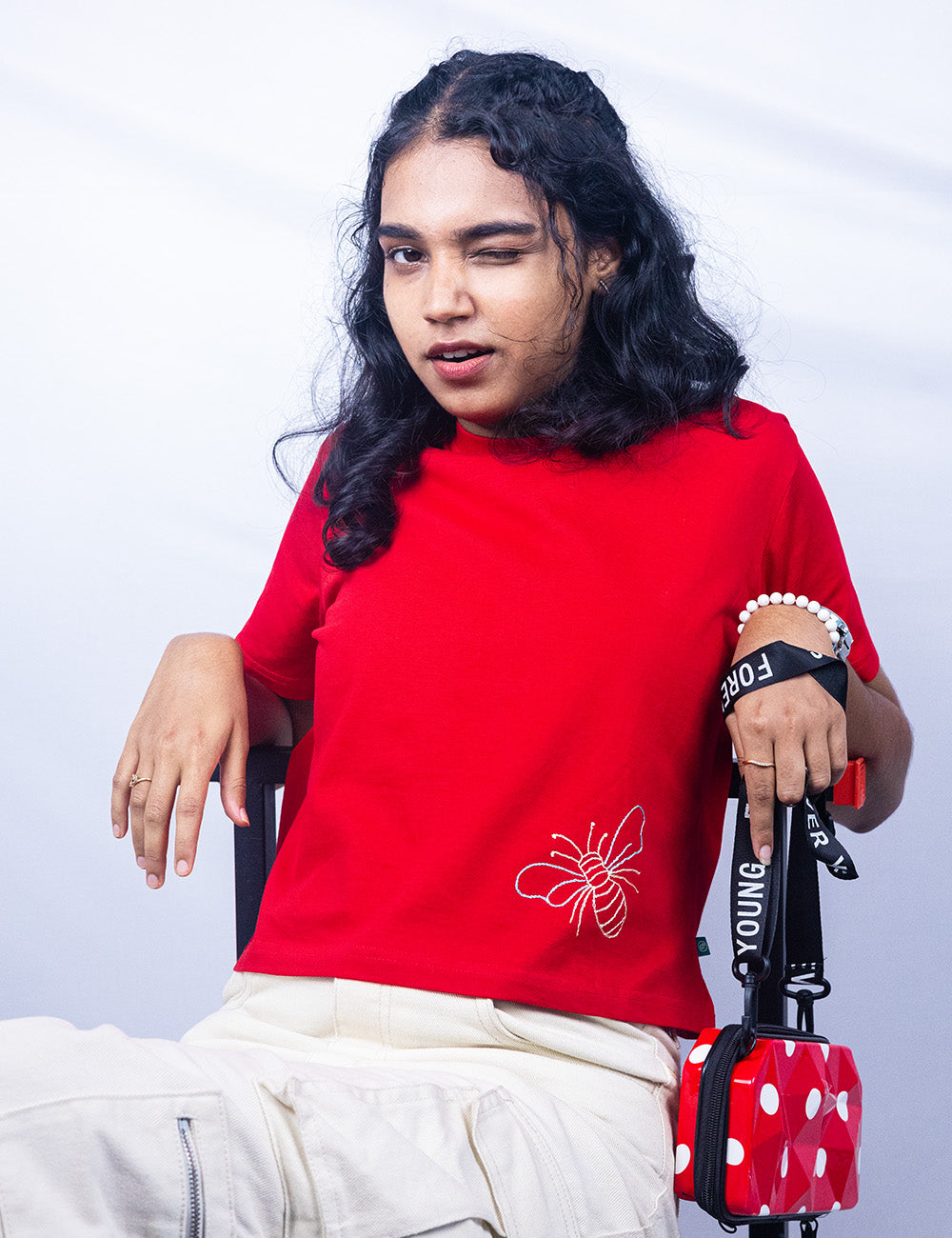 Little to Right "Bee You"- Red Hand Embroidered Tee
