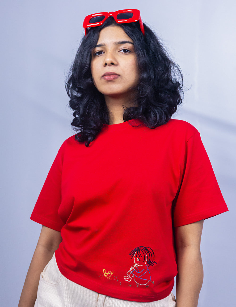 Little to Right "Dear Chick"- Red Hand Embroidered Tee