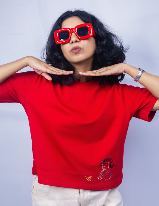 Little to Right "Dear Chick"- Red Hand Embroidered Tee