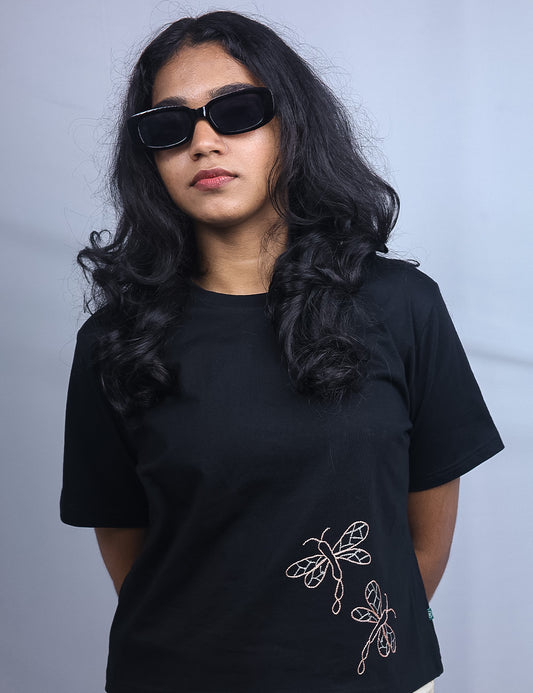 Little to Right "Poothumbi" - Black Hand Embroidered Tee