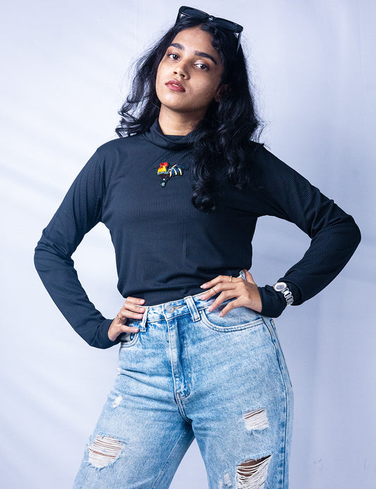 Ravishing Rooster - Handworked Black Turtle Neck Tee